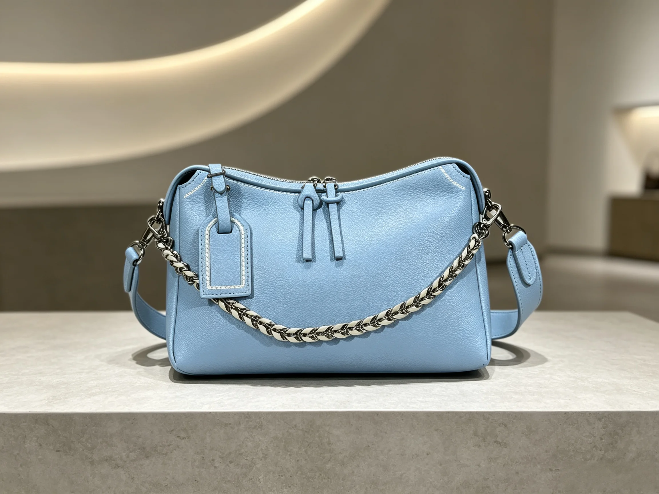 2026 New Women Light Blue Chain Underarm Bag Wide Strap Casual Crossbody Bag No Box 29X18cm ZX8760