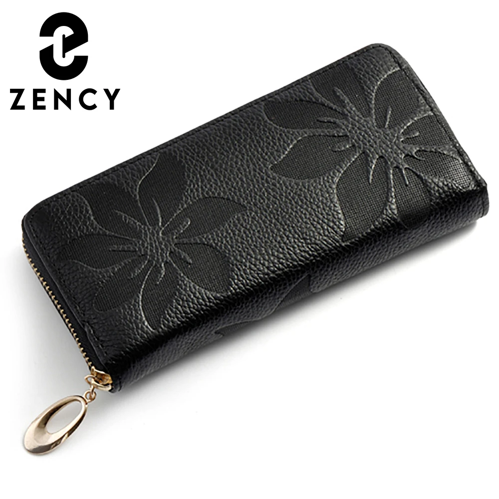 Zency Genuine Leather Wallet For Women Credit Card Case Coin Purse Long Flower Money Bag Female Retro Card Holder Multifunction