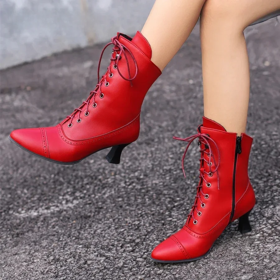 Bottes de rinçage victoriennes pour femmes, bottes courtes Parker pointues, talon haut chaton, fermeture à glissière, grande taille, rouge, bleu, blanc, noir, rétro, hiver