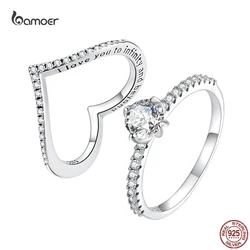 Bamoer Genuine 925 Sterling Silver Luxury Shine Zircon Ring Heart Finger Rings for Women Girl Wedding Anniversary Fine Jewelry