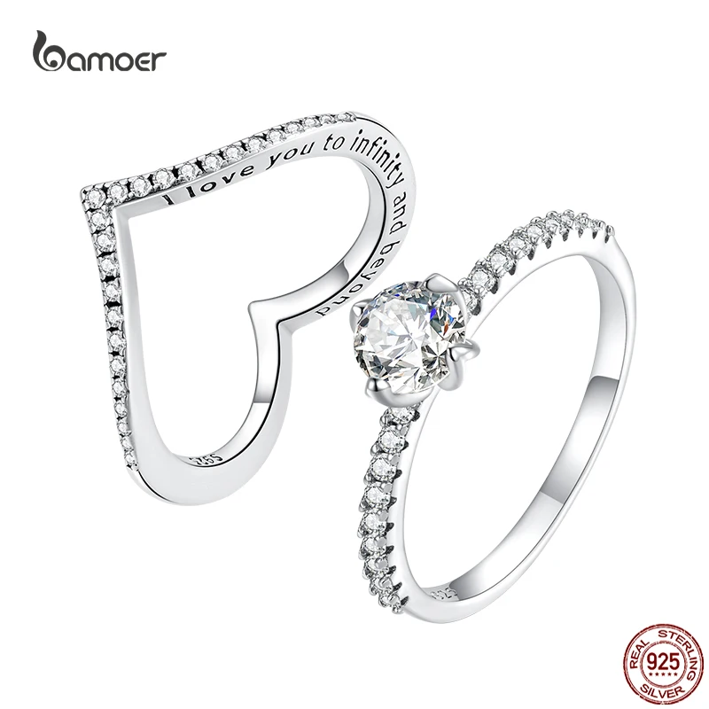 Bamoer Genuine 925 Sterling Silver Luxury Shine Zircon Ring Heart Finger Rings for Women Girl Wedding Anniversary Fine Jewelry