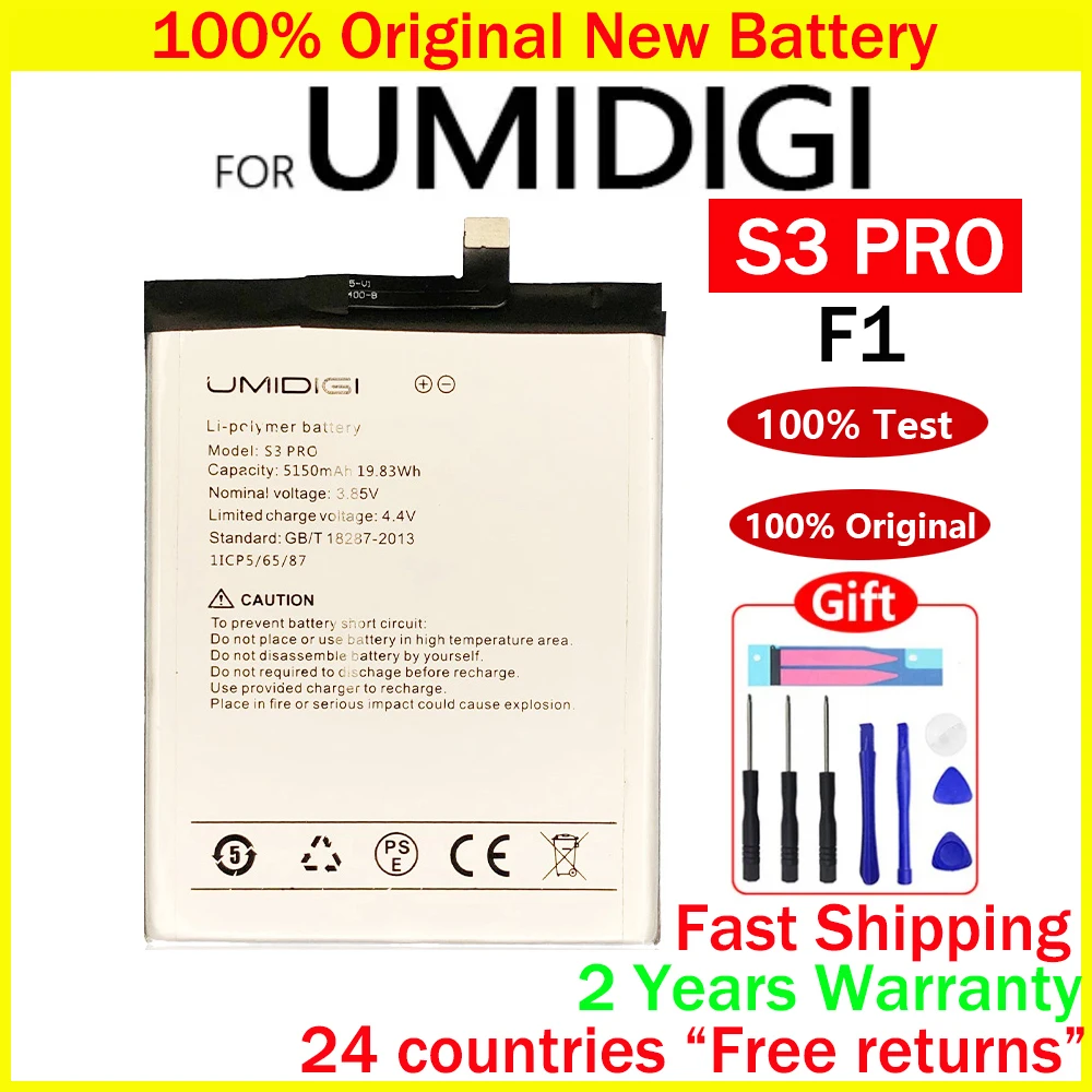 

100% Genuine Original 5150mAh UMIDIGI S3 Pro Battery For UMI UMIDIGI F1 F1 Play S3 Pro Replacement Phone Batteries + Free Tool