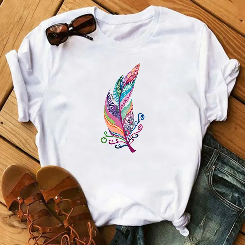 Colorful Hollow Feathers Fashion Sports Women's T-Shirt Harajuku Graphic Clothing Women's Top,Drop Ship