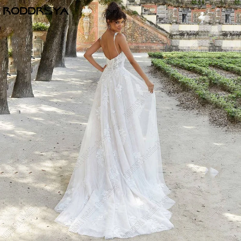 RODDRSYA-vestido De Novia De línea a con cuentas, apliques De encaje, Vestidos De Novia, tren De barrido De tul, románticos Vestidos De Novia, Playa