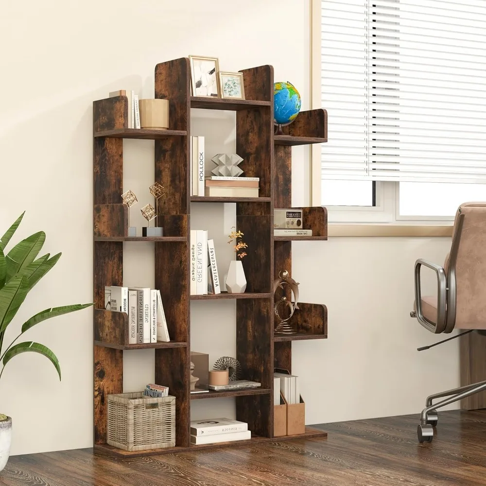 Freestanding Tree Bookshelf, Corner Storage Organizer with 13 Open Shelves, Decorative Display Cube Shelf