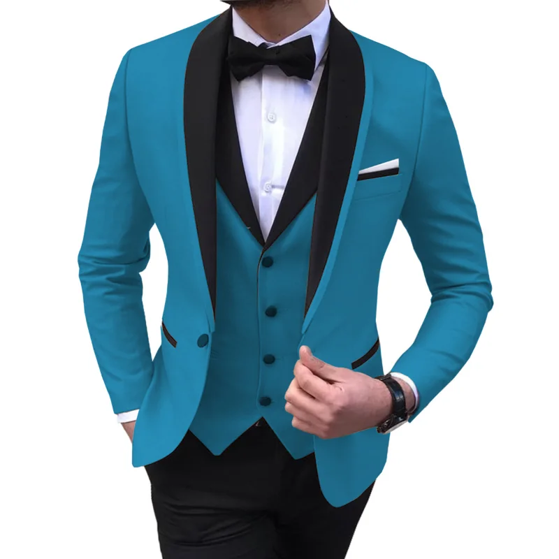 

Blue Slit Mens Suits 3 Piece Black Shawl Lapel Casual Tuxedos for Wedding Groomsmen Suits Men 2020 (blazer+vest+pants)