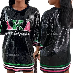 2024 Black And Pink Spring Autumn New Arrival America AKA Stripes Sorority Women T-shirts Sequined Tops Tee Dress