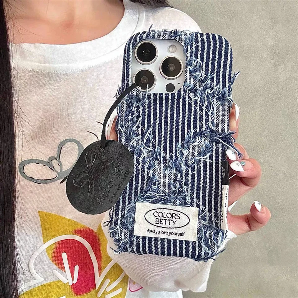 Korean INS Fashion Denim Warm Fluffy Plush Phone Case for iPhone 17 16 15 13 14 Pro Max Cover with Chain Cute Protective Cover, image 5