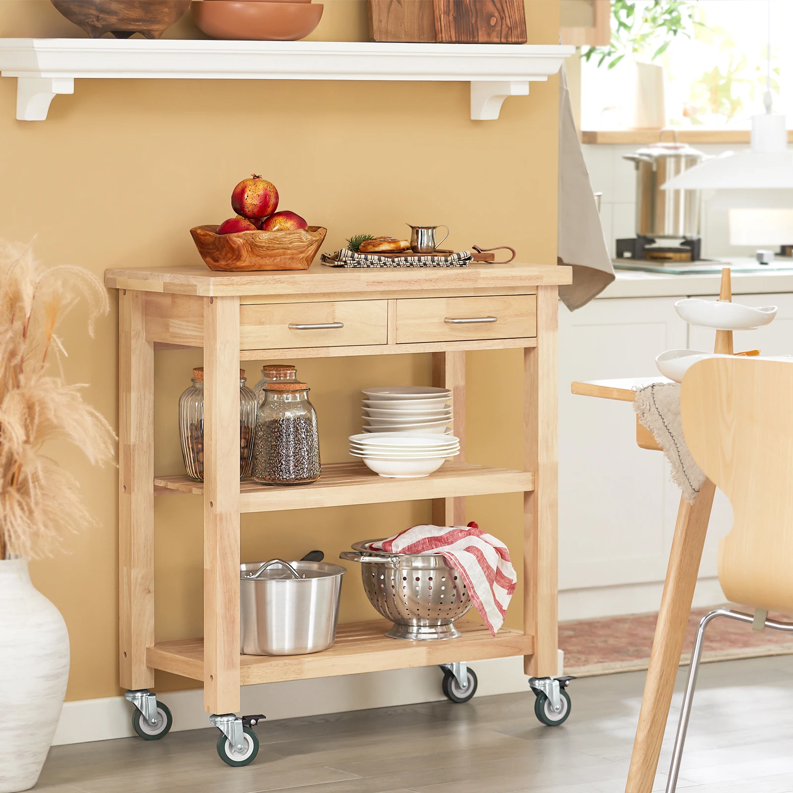 Carrello da portata in legno di gomma Sobuy Fkw24-N, carrello da cucina, scaffale da cucina, carrello con ruote, L80xP40xH90 cm, L80xP40xH90 cm