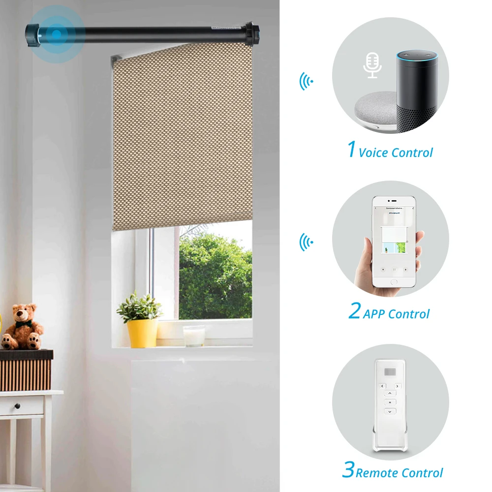 Zemismart Block-out Roller Blind with Curtains Work with Google Home Alexa Smart Blind 5% Sunshine Fabric