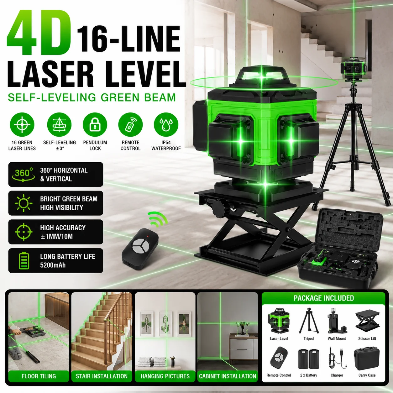 Niveau laser vert 4D 16 lignes 3x360 °   Outil de mesure laser auto-nivelant rechargeable par USB 2400 mAh avec base pour le travail du bois et l'alignement en construction