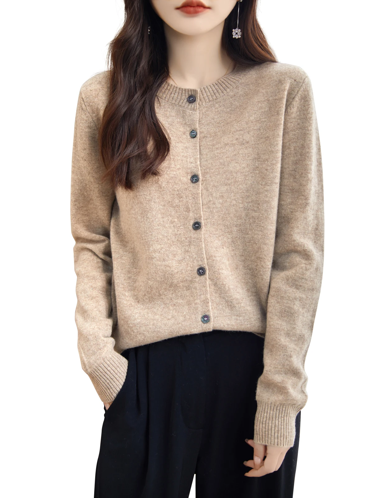 Pull cardigan à col rond en laine mérinos pour femme, pulls en tricot, manches longues, chaud, doux, décontracté, automne, hiver, 100%, 2023