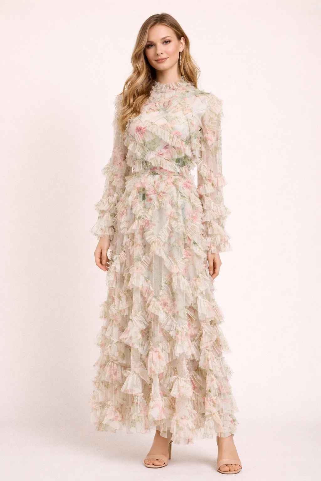 

Pink Floral Print Ruffle Maxi Dress Women 2025 Long Sleeve Tiered Mesh Party Dress