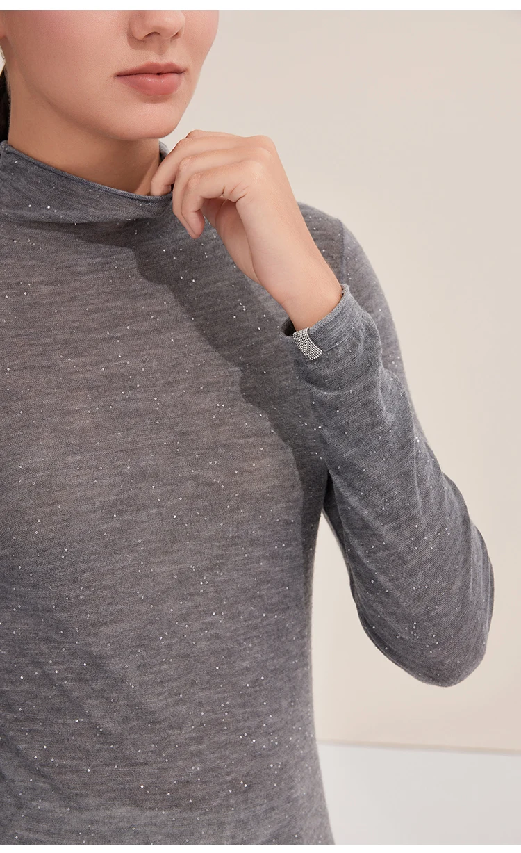 BY3521261 Damen Kaschmir-Mischgewebe Langarm-Strickshirt mit Stehkragen, Glitzergarn, Slim Fit, Leichtgewichtig, Herbstliches Alltags-Oberteil – Detail 5