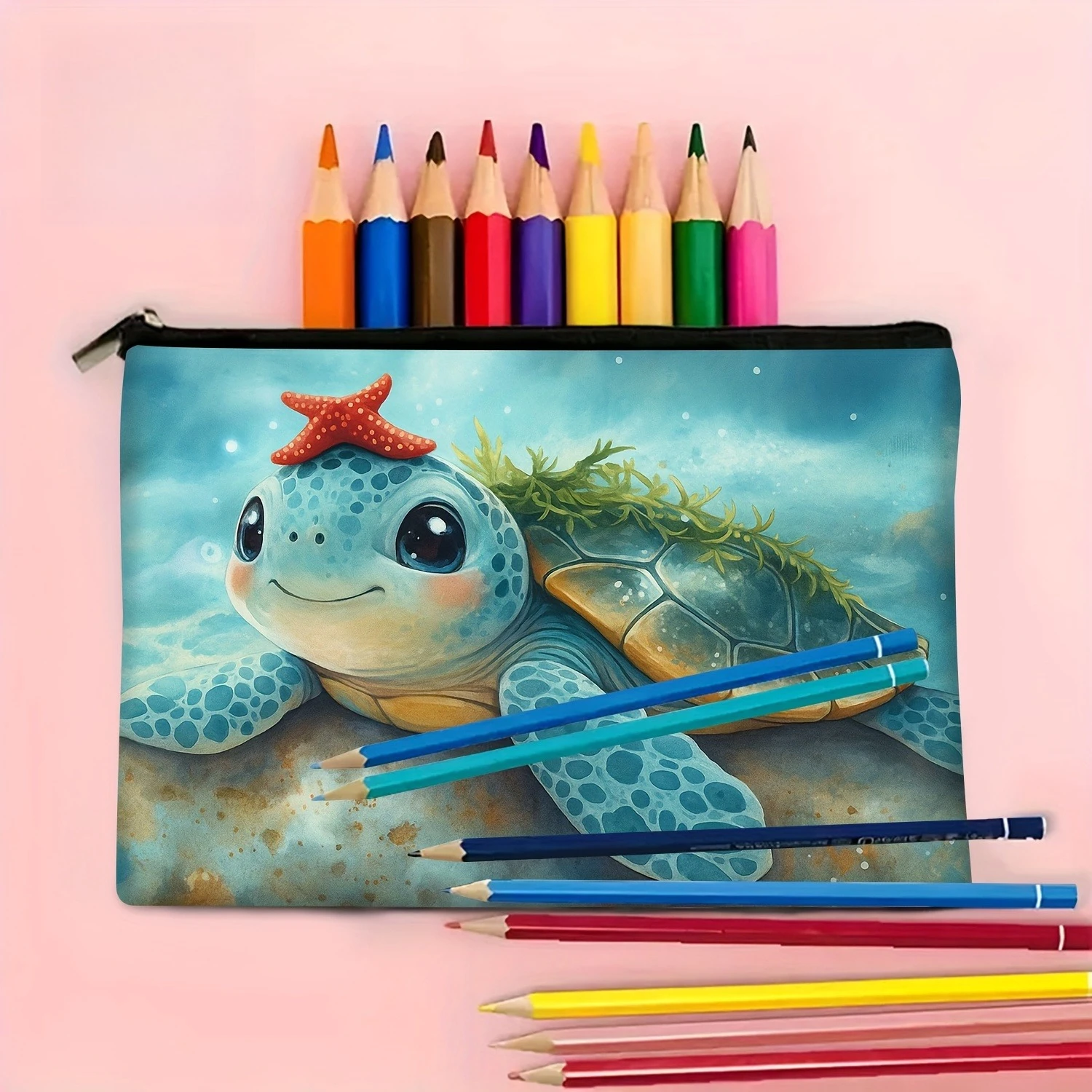 1Pc Cute Blue Turtle and Starfish Retro Design Makeup Bag, Snack Storage Bag, Stationery Storage Bag, Fashionable Toiletry Bag, Canvas Double-Sided Printing, Multifunctional Travel Storage Bag