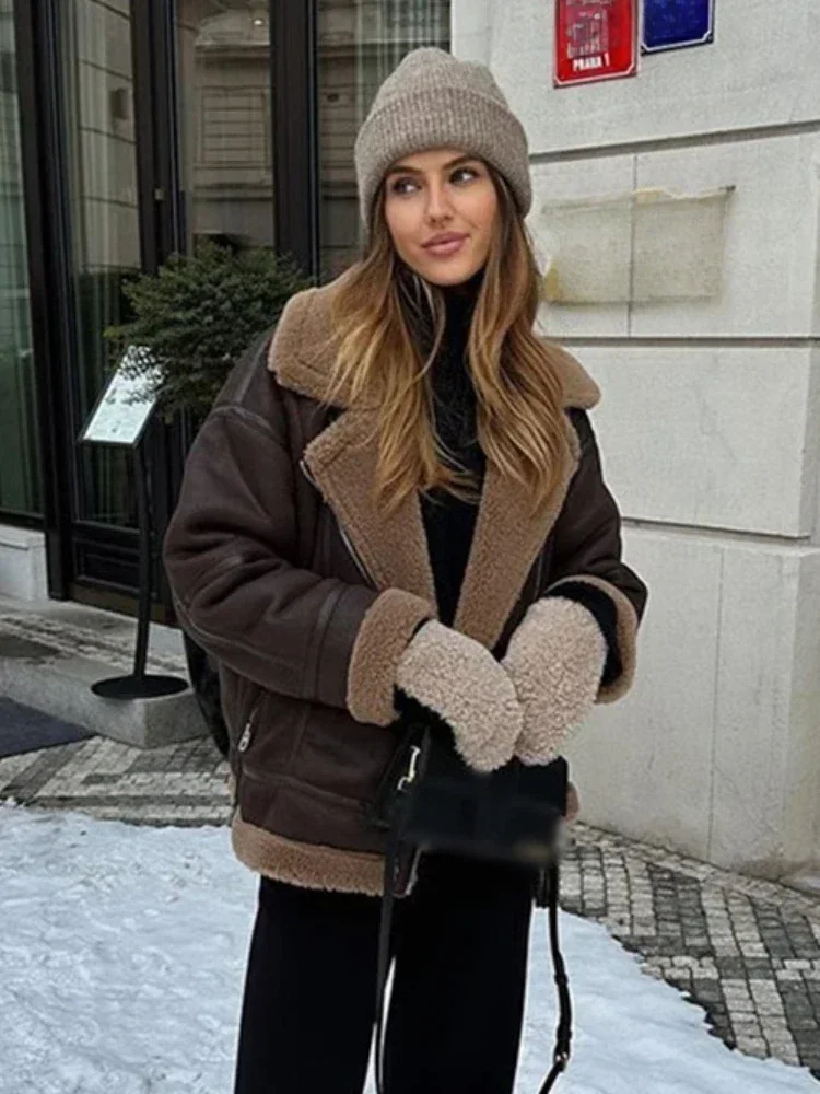 Zimowe damskie ciepłe płaszcze gruba kurtka ze sztucznej skóry Vintage Lapel z długim rękawem płaszcz z zamkiem błyskawicznym moda luźne płaszcze typu oversize kobiece — zdjęcie 2