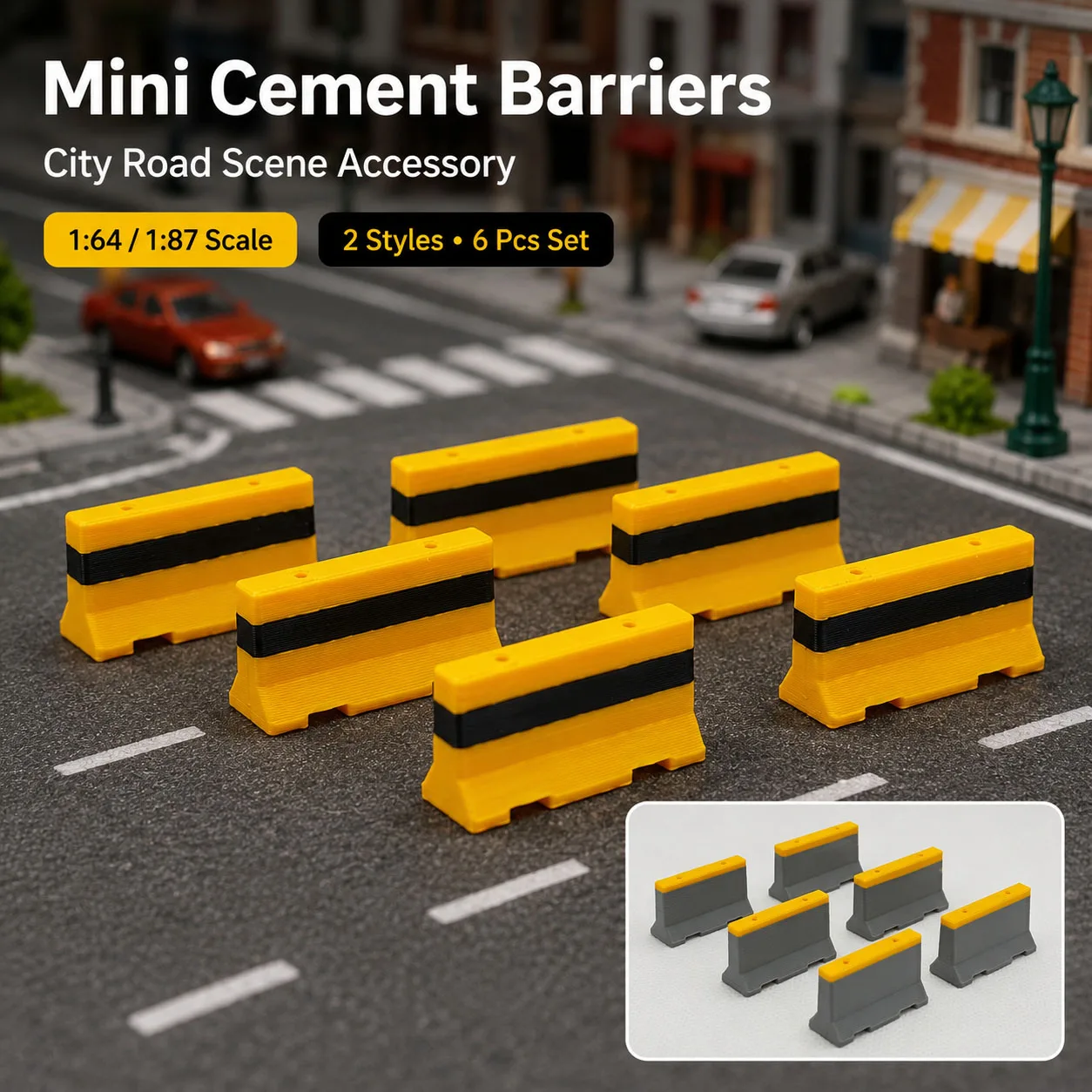 1:64 1:87 Mini-Zement-Straßenbarrieren 6-teiliges Set, Stadtstraßen-Parkplatz-Bau-Diorama-Zubehör für Modellautos und Zug-Layouts