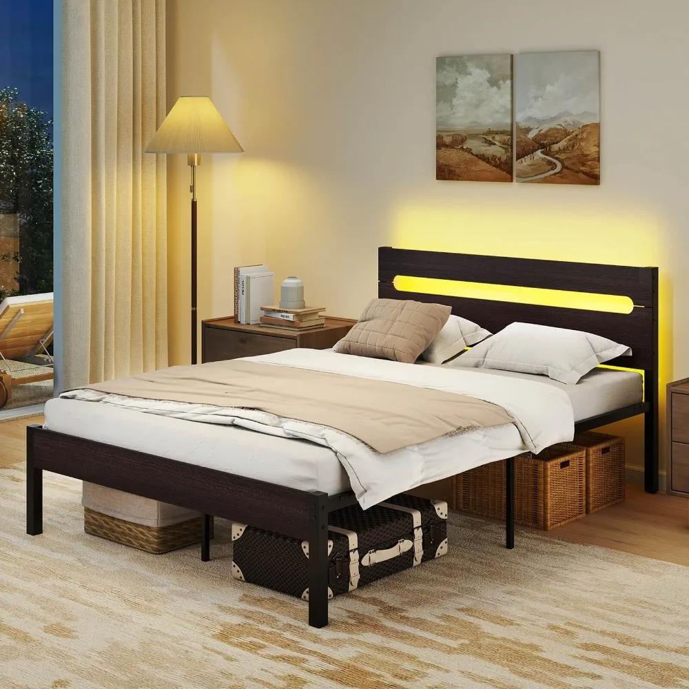 

Full Size Bed Frame w/Built-in Charging Station Sturdy Mattress Foundation
