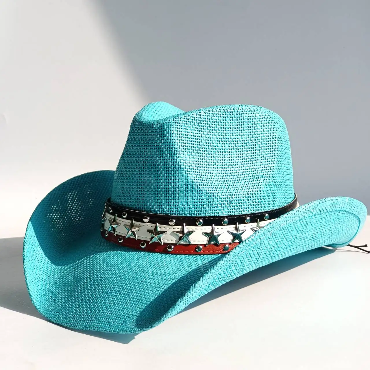 Melesh Western-Style Lake blue Straw Cowboy Hat withVersatile Usage Wide Brim and Diverse Belt Pairings for Outdoor BeachWear