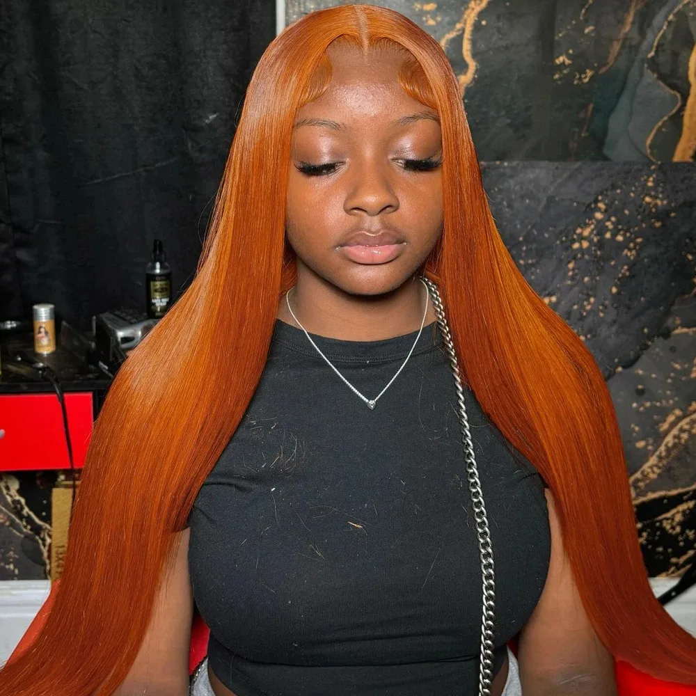 40 Inch Bone Straight Orange Ginger Lace Front Wigs Human Hair 350 Colored 13X7 HD Transparent Lace Frontal Wig Brazilian 200%