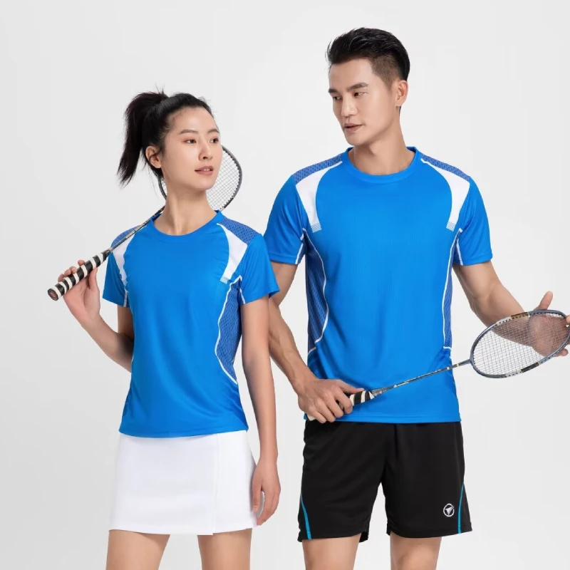 Roupa de badminton para homens e mulheres, camiseta com gola redonda, tops de manga curta, tênis de mesa, roupa esportiva 2023