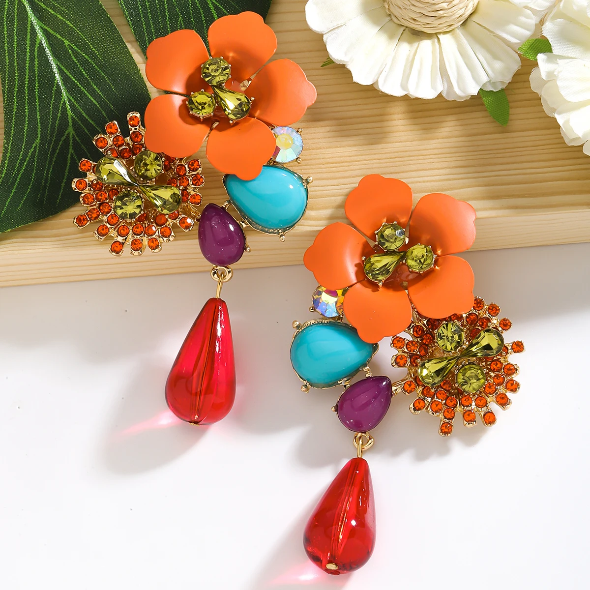 Best lady ZA New Beaded Floral Earrings with Rhinestones，Bohemian Luxury Resin Earrings, Perfect Travel and Vacation Accessories