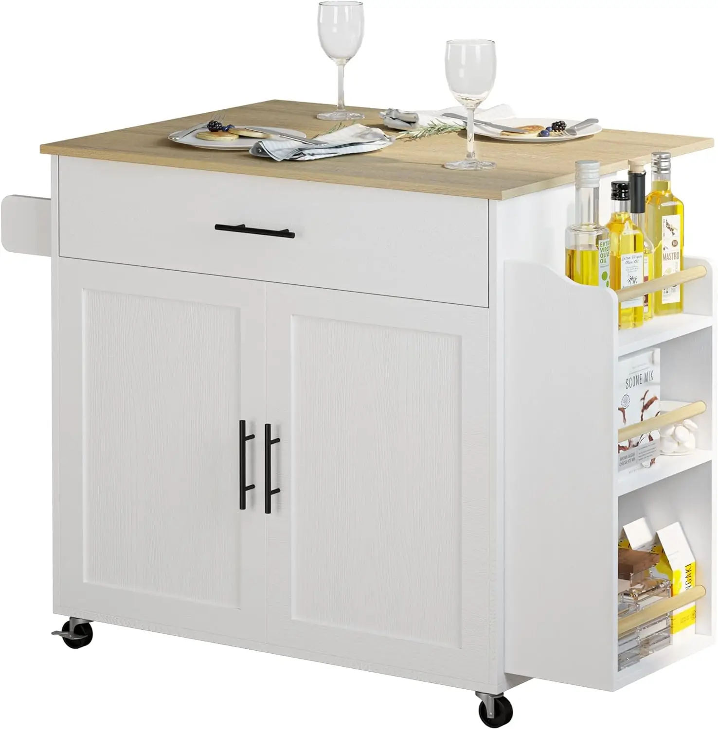 IRONCK Kitchen Island, Rolling Kitchen Island on Wheels with Drop Leaf, 3 Open Spice Rack Shelf, Door Cabinet, Drawer