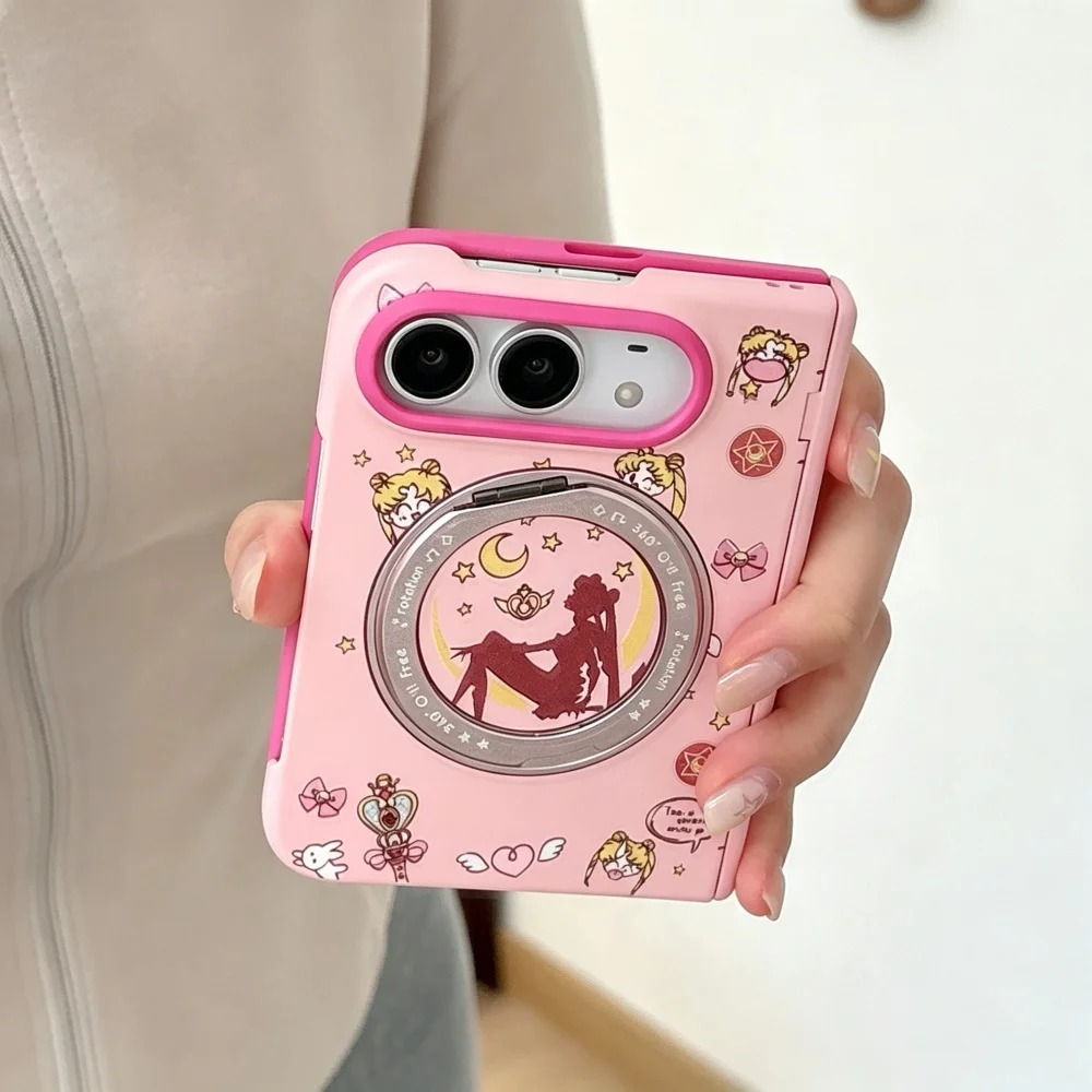 New Cute Anime Cartoon Girl Pink Phone Case For iPhone Duo Cover, With Magsafe Holder, Fashion Anti-Fall Protective Cases Kawaii