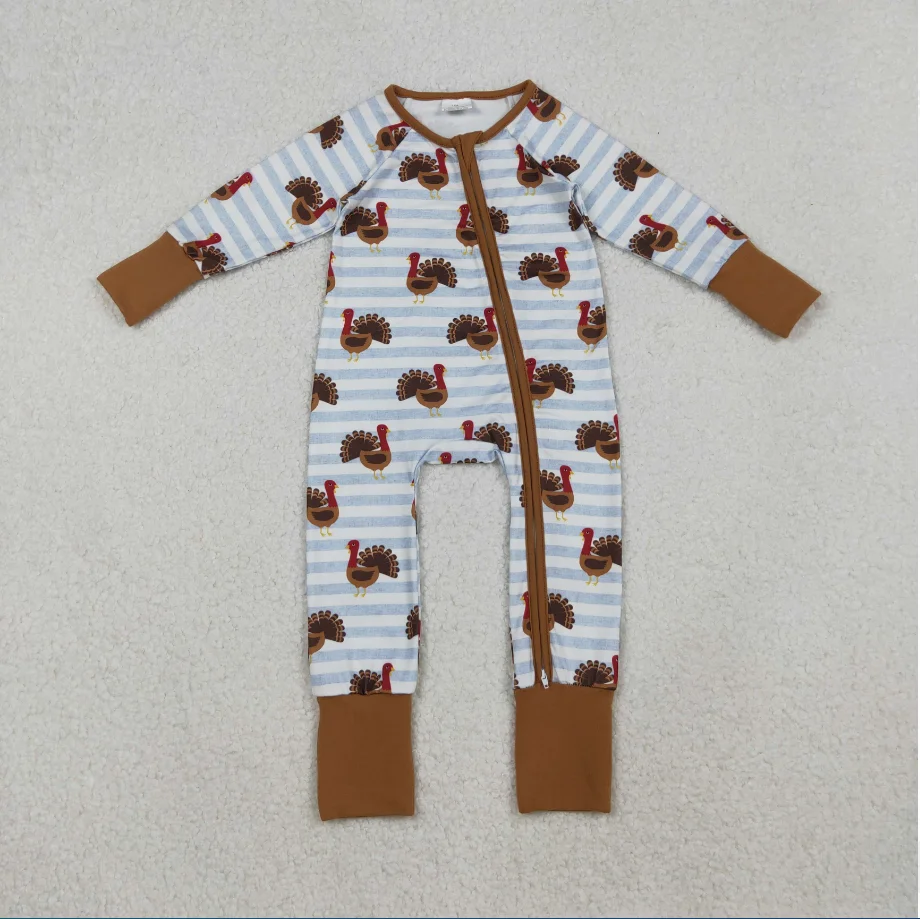 

Long Sleeve LR1191 Turkey Stripes Print Baby Boys Thanksgiving Sleeper Zipper Romper