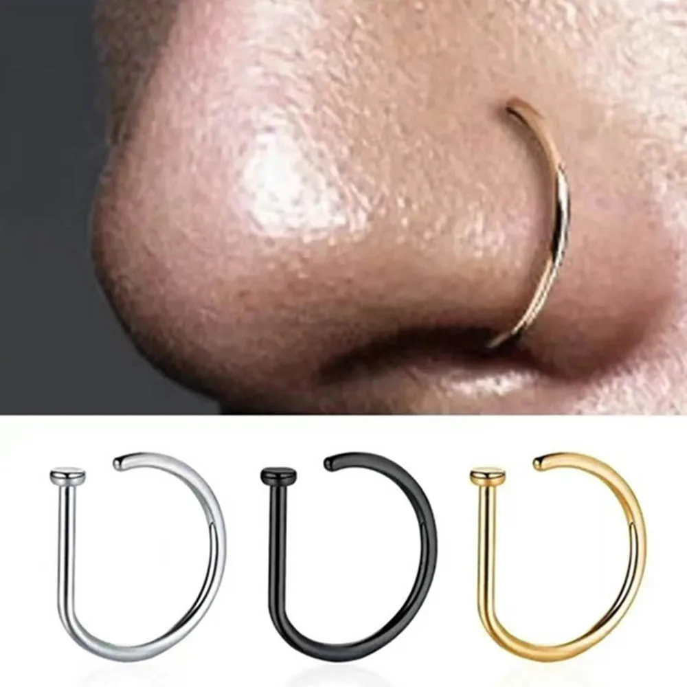 Stainless Steel Ring Nostril Body Jewelry New Curved Barbells Fake Nose Piercing D Shaped Tragus Helix Stud Earring Hoop Septum