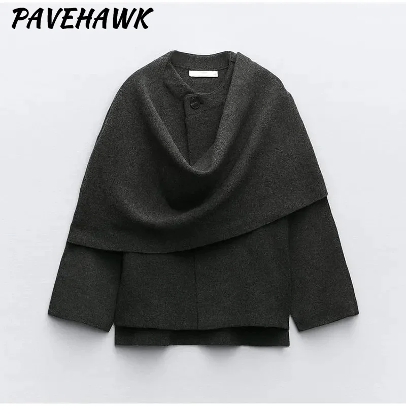 Women Asymmetric Scarf Knitted Jackets Elegant Solid Long Sleeve Loose Short Coat Autumn Winter Grey Elegant Lady Outerwear