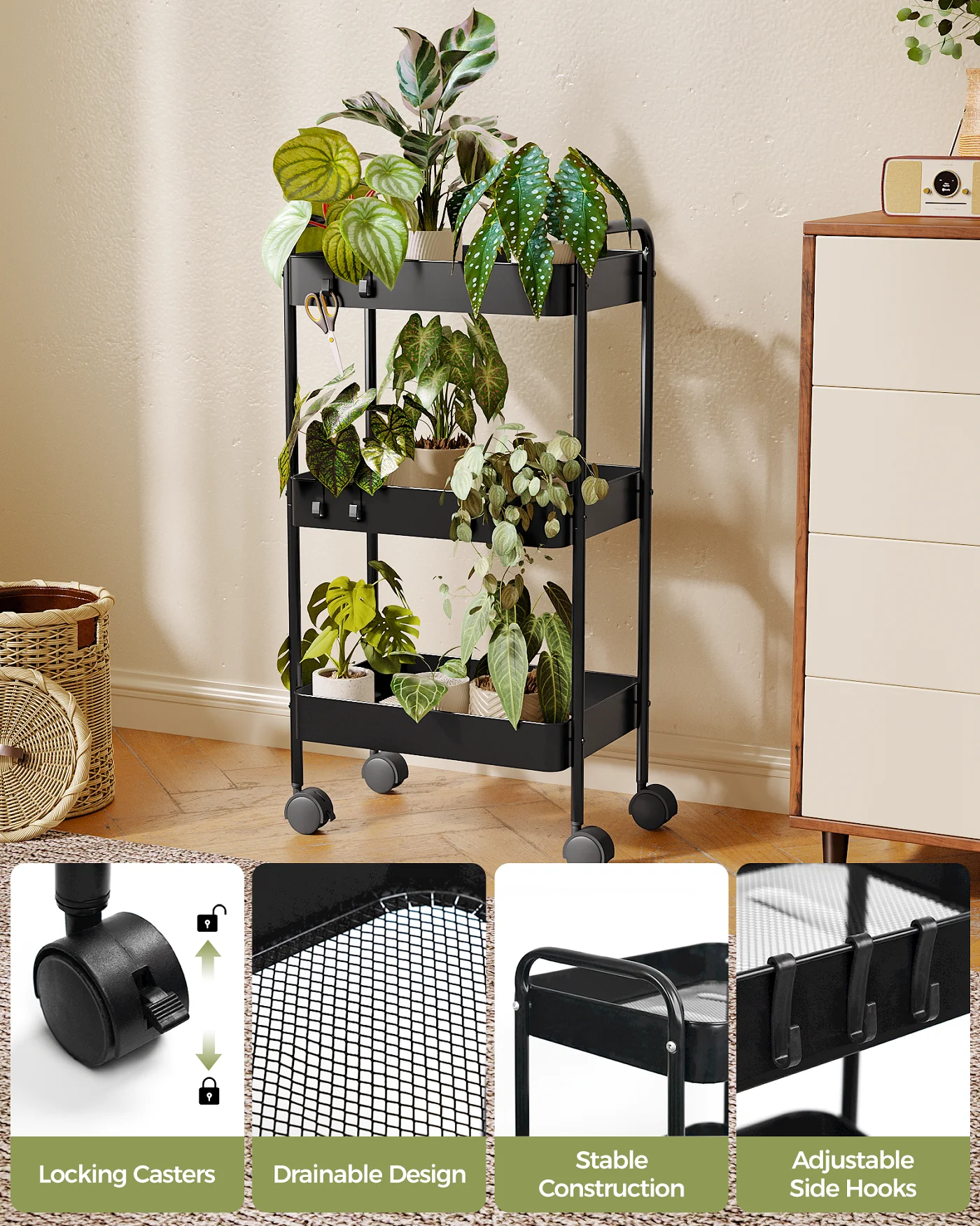 حامل نباتي من 3 طبقات سوداء من Bamworld مع عجلات عربة دوارة معدنية شديدة التحمل رف داخلي وخارجي لغرفة المعيشة وحديقة الشرفة