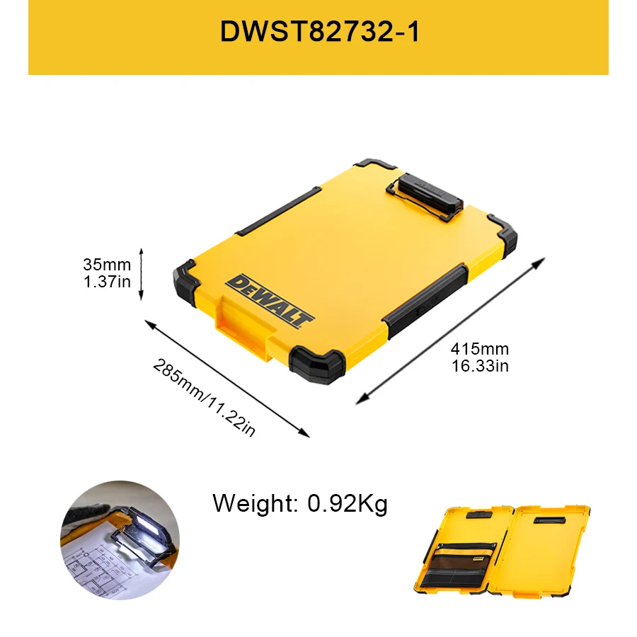 DEWALT DWST82732-1 TSTAK Clipboard Organiser LED Light Internal Pouch Metal Clip File Board Data Folder Document File