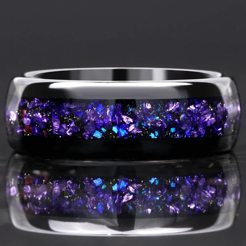 Mens Tungsten Carbide Ring Amethyst Inlay Black Wedding Band Engagement Promise Jewelry Gift 8MM Width Durable For Men DailyWear