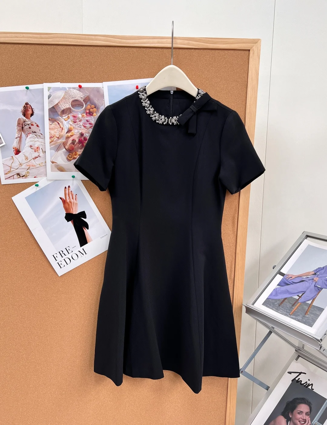 Women Lady New Summer Brief Round Collar Crystal Bead Bow Tie Short Sleeve Stretch Ruched Cocktail Party Short Mini Black Dress