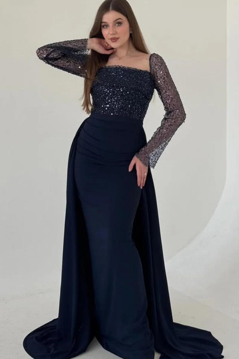 Jessica maniche lunghe con paillettes scintillanti Abiti da sera Abiti da ballo blu scuro Sirena Lady Abiti da festa personalizzati