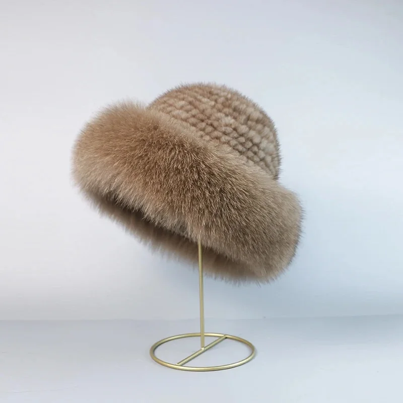 Czapki damskie z prawdziwego futra norek, czapki beanie z futra lisa, zimowe modne czapki z futra norek, naturalne czapki damskie, rosyjskie czapki przeciwsłoneczne, czapki typu bucket. — zdjęcie 2