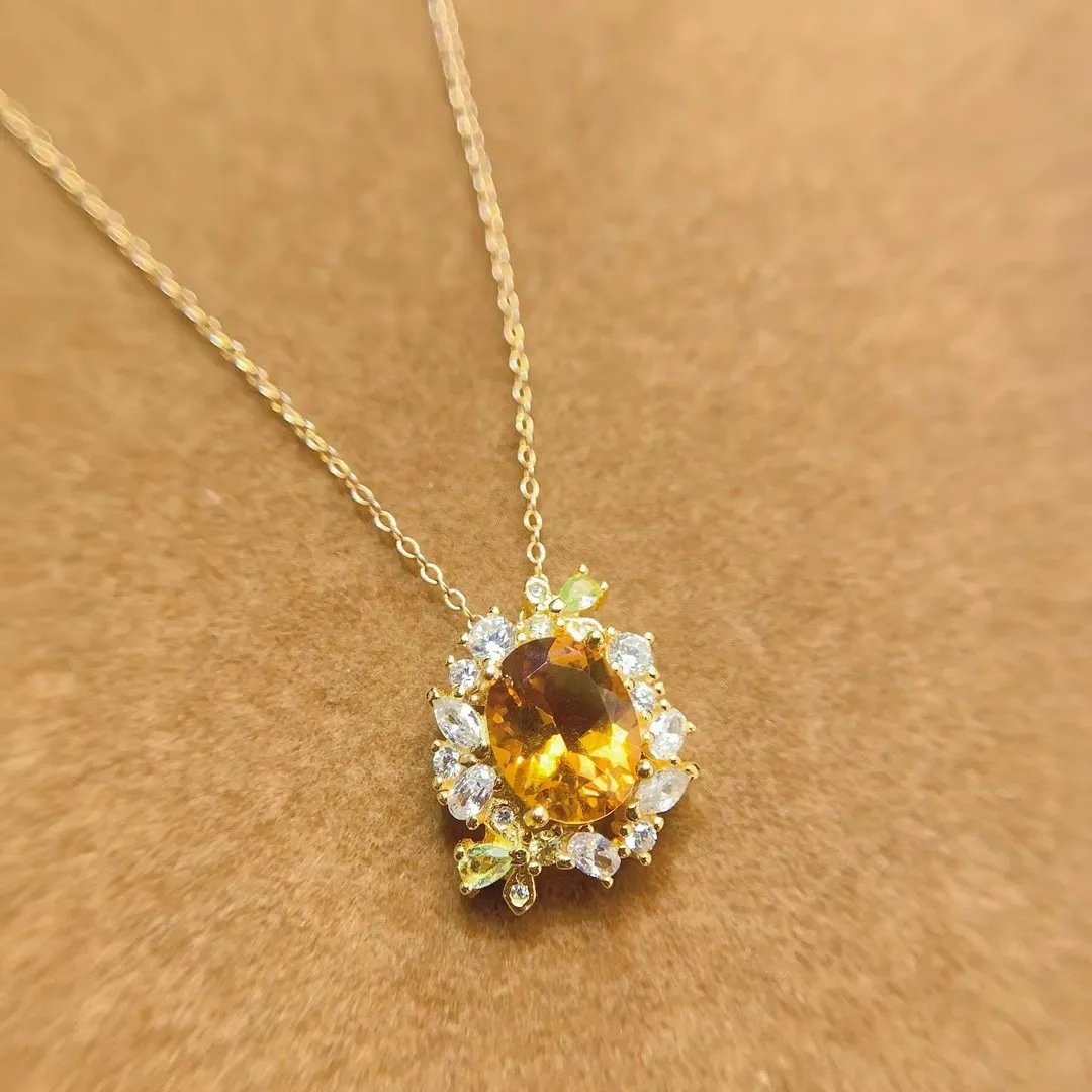 

Jewelry Girl Pure Natural Yellow Crystal Necklace Pendant 925 Pure Silver Plated 18K Gold Only Christmas Gift for Girlfriend