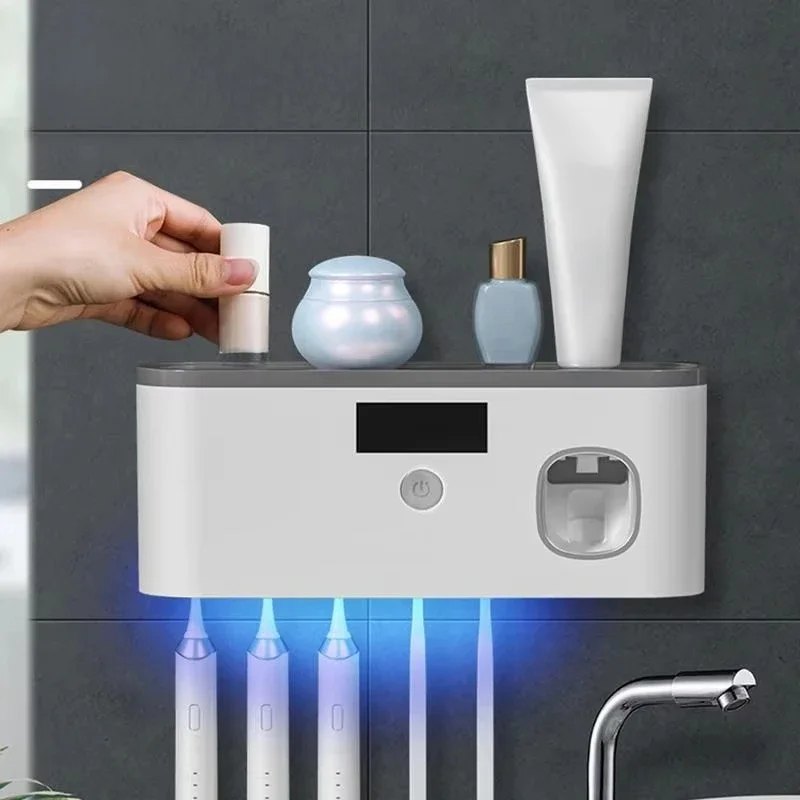 Wand-Zahnbürstenhalter für Badezimmer, UV-Zahnbürsten-Organizer, Zahnpastaspender, USB wiederaufladbar, 5 Fächer, Badezimmerzubehör
