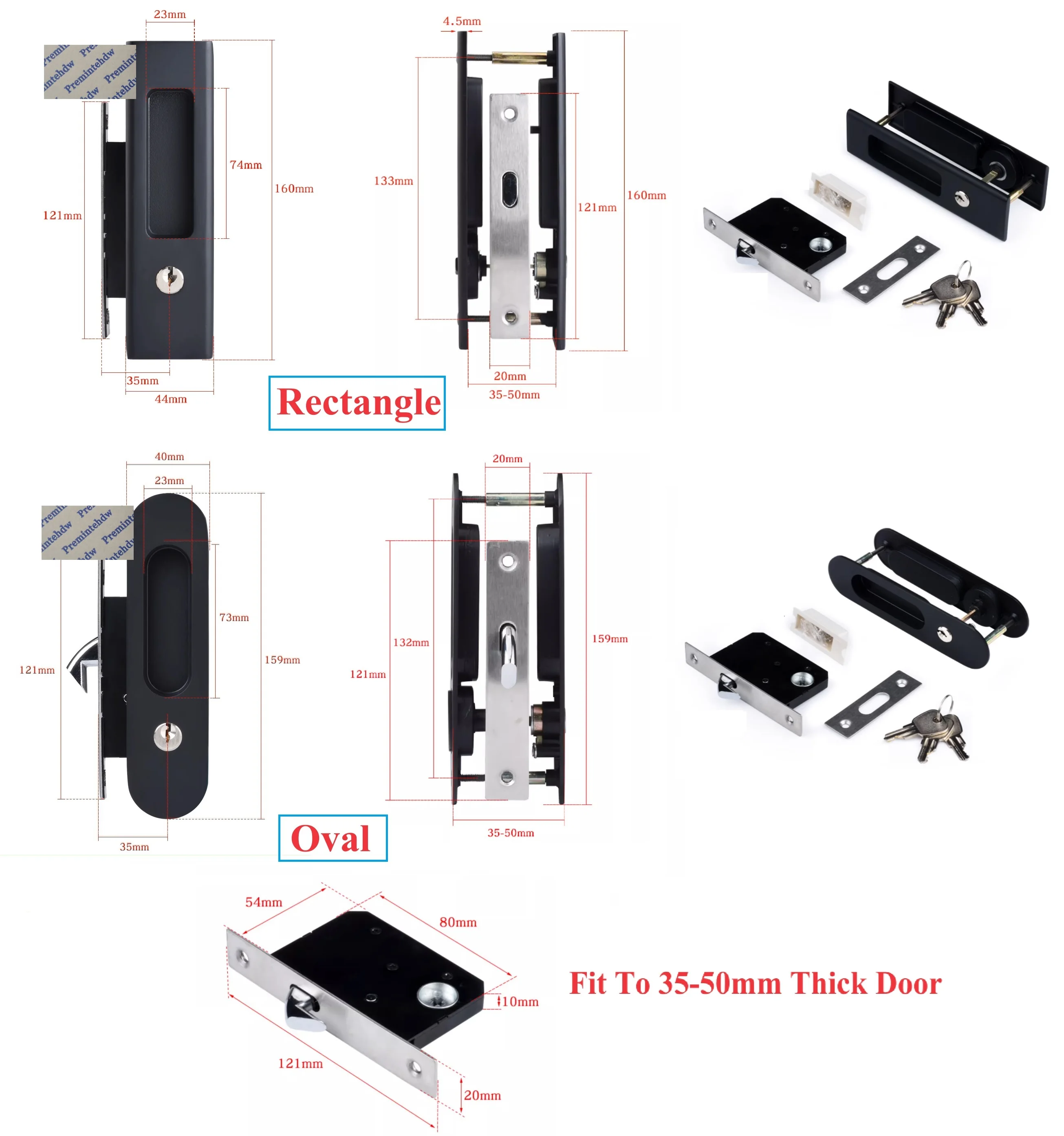 1Piece Zinc Rectanglar Oval Double Sided Keyed Pocket Slide Door Latch Lock With Flush Finger Pull Gold Matte Black Bronze