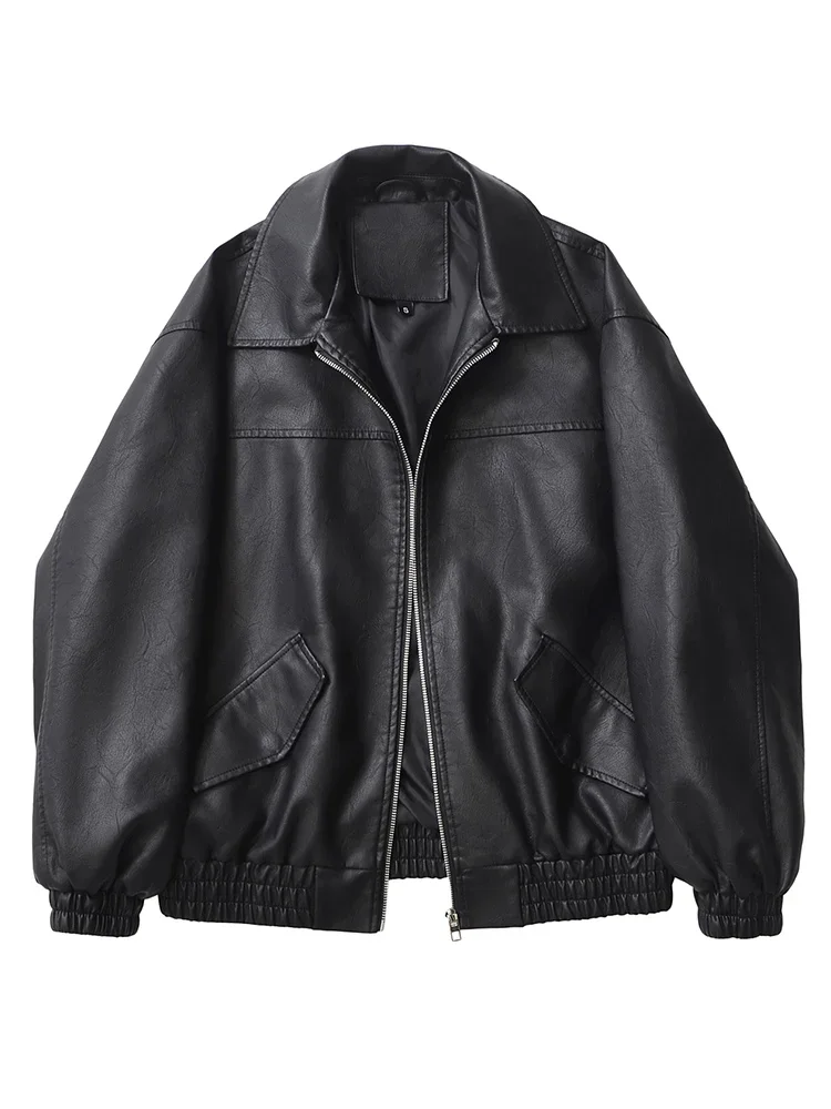 Ailegogo Streetwear Women Retro Loose Short Pu Faux Leather Jacket Spring Autumn Female Zipper Coat Vintage Moto Biker Outwear — zdjęcie 2