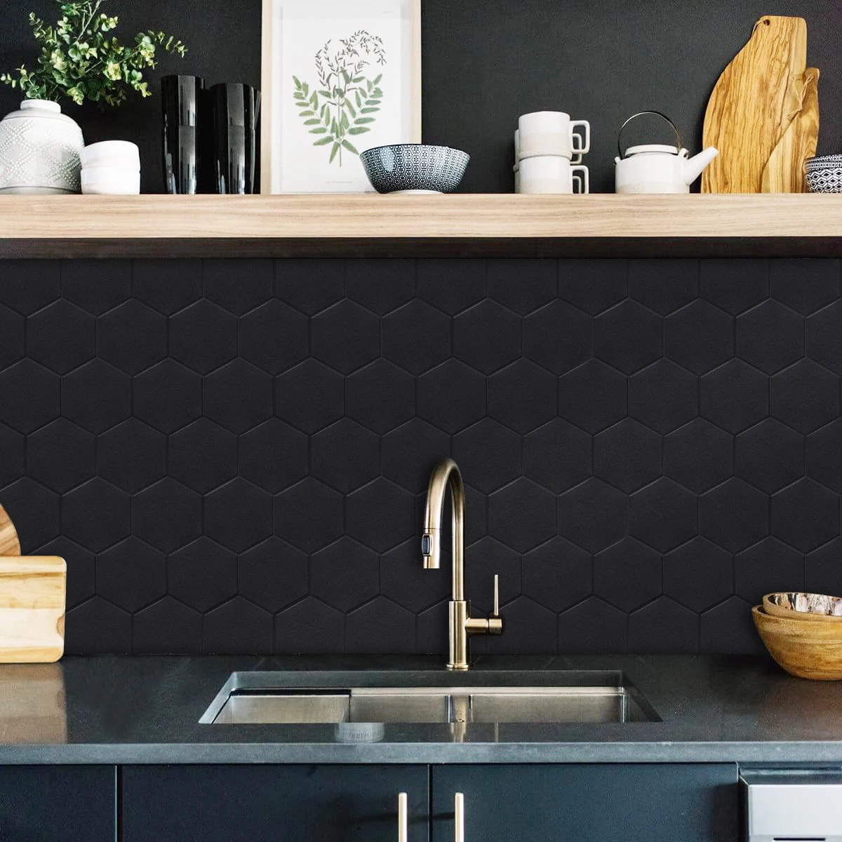 10pcs Matte Black Large Hexagonal Wall Tile Stickers Easy To Peel And Stick Waterproof Vinyl Wall Tiles for Home Decoration