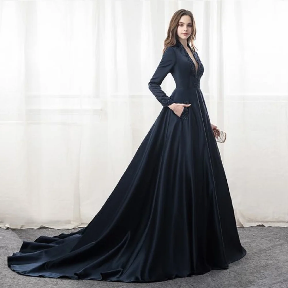 High-grade Fabric Deep V-neck Long-sleeved 2023 Beaded Style Side Pockets High Back Trailing Style Formal Ball Gown