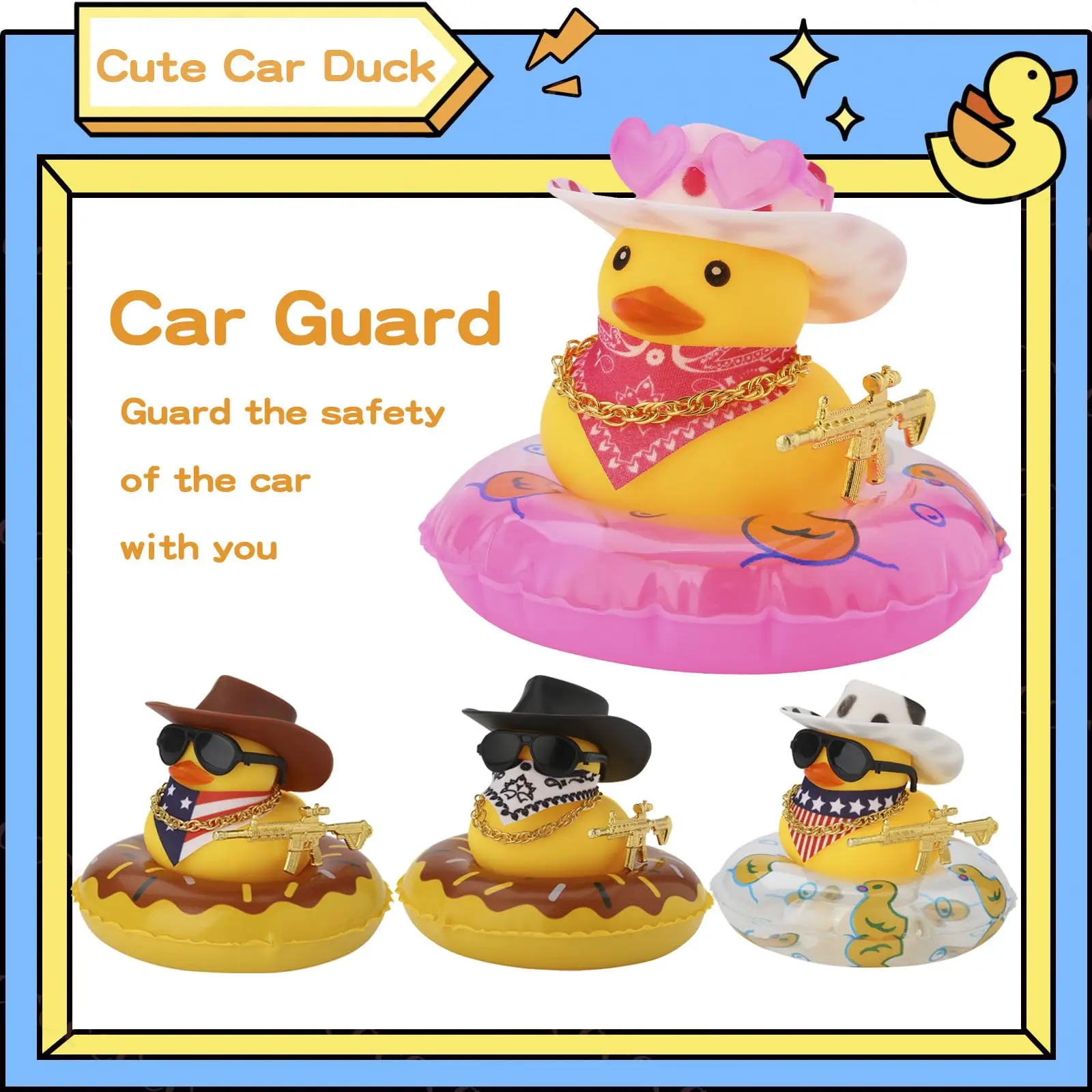 Rubber Duck Car Ornaments Duck Car Dashboard Decorations for Cool Car Accessories with Cowboy Hat Necklace