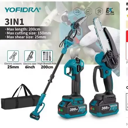 Sega a catena telescopica senza fili 4 in 1, 6 pollici, potatore da giardino con motore a spazzole e forbici da 32 mm, strumento per la potatura di rami alti, 2 batterie da 18 V.