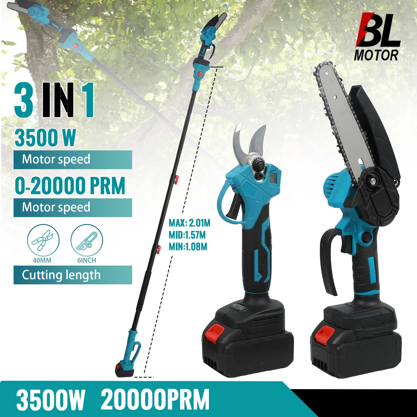 Cisaille électrique, scies à chaîne à poteau télescopique électrique, sécateur 3 en 1 haut avec outil de taille de jardin à affichage numérique