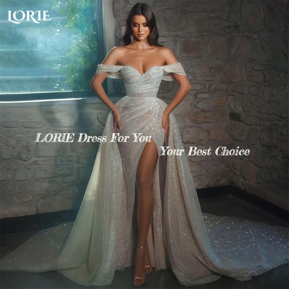 LORIE Sexy Glitter Mermaid Evening Dresses Off Shoulder Pleated Shiny High Side Slit Prom Dress Saudi Arabia Dubai Party Gowns