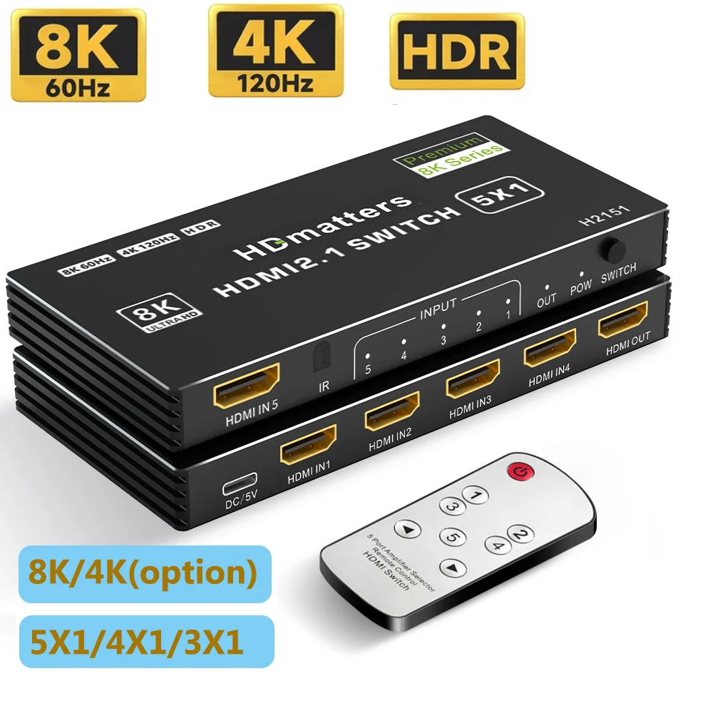 8K HDMI 2.1 Switch 4K 60Hz HDMI 2.0 Switcher Box Selector with remote HDR HDMI 5X1/4X1/3X1 Switch HDMI for PS5 Xbox Apple TV
