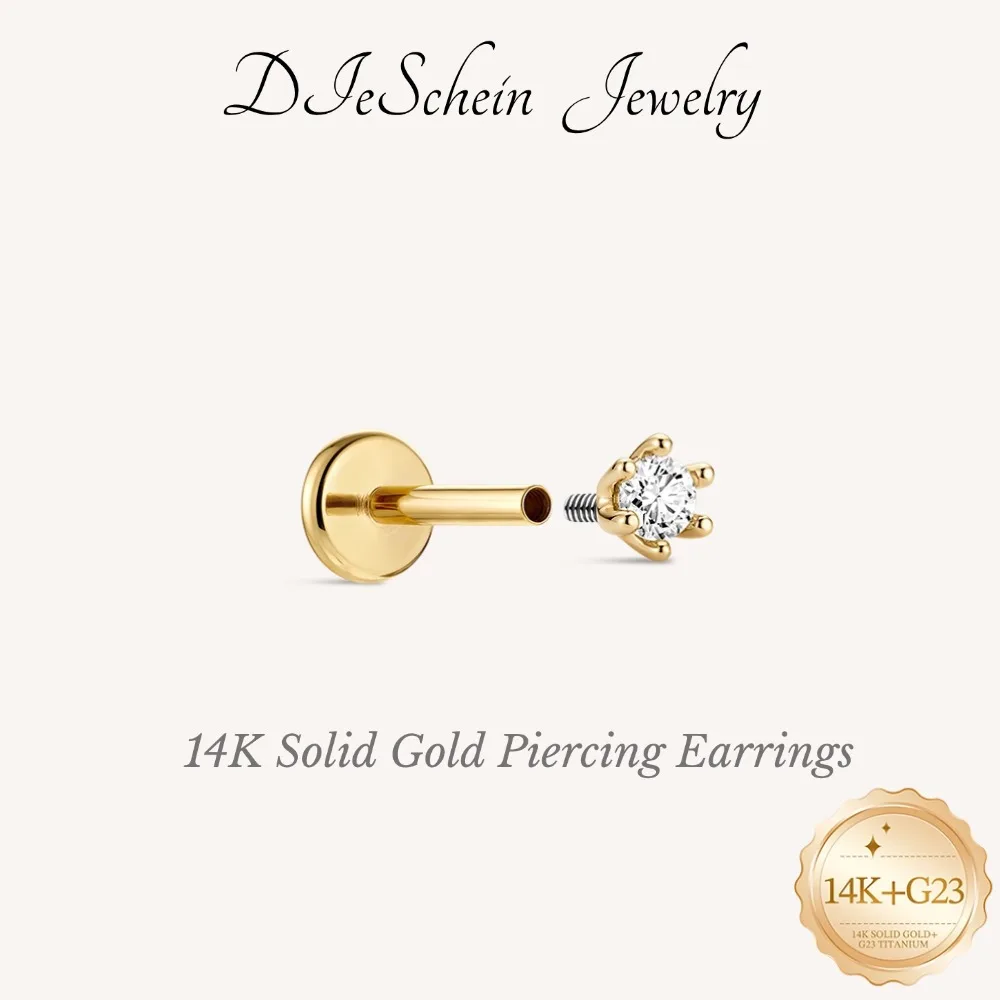 DIeSchein 14K Gold Flat Back Stud Earrings for Women Screw Thread Piercing Jewelry Hypoallergenic With Gift Box