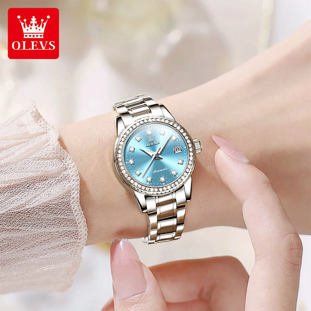 ساعة OLEVS 7003 للسيدات ميكانيكية أوتوماتيكية مقاومة للماء بحزام فولاذي ساعة يد فاخرة للنساء هدية عيد الميلاد #2